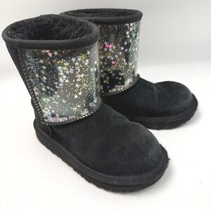 UGG Classic Kids 11 Black Suede Glitter Star‎ Sheepskin Lined Kidcore Cozy